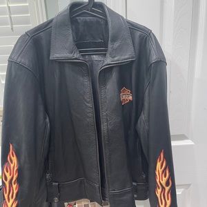 Leather jacket, look alike Harley Davidson.